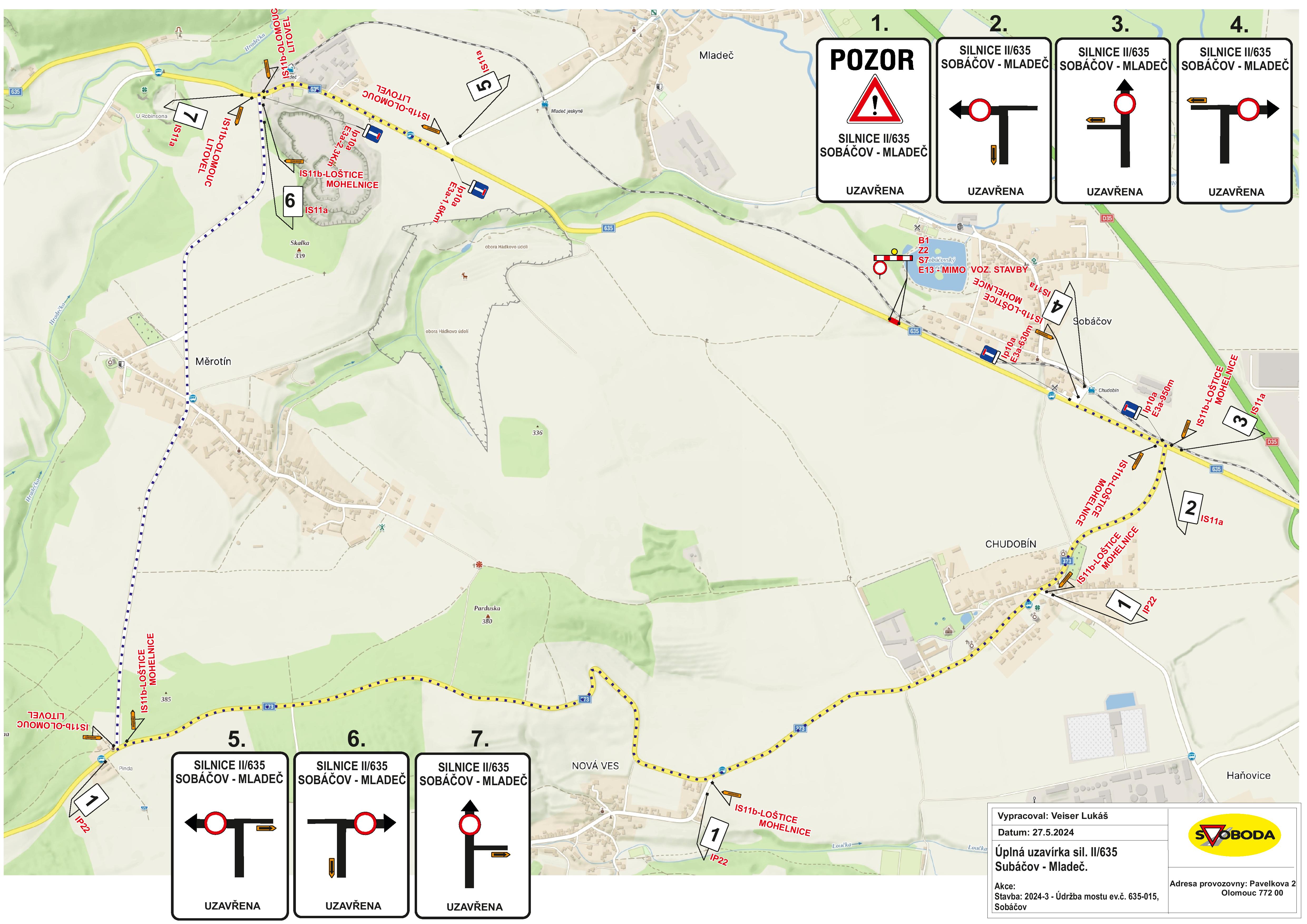 Uzavírka silnice II/635 (státní silnice Litovel -> Loštice - objížďka.